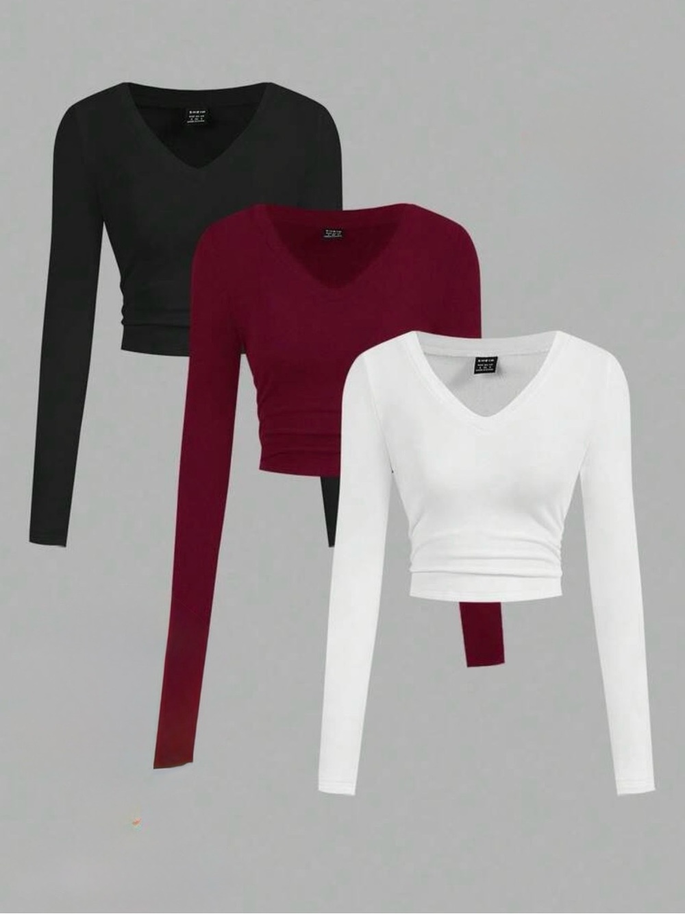 SHEIN V-Neck Long Sleeve Cropped Top - Black, Burgundy & White